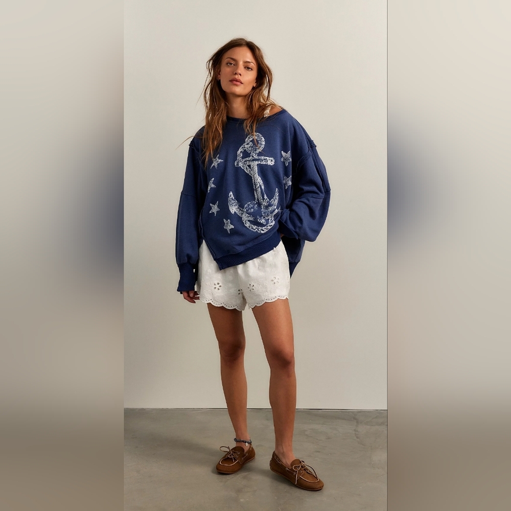 Free People Camden Navy Anchor Graphic Oversized Sweatshirt XL